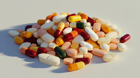 Pile of assorted medical pills spread out on a plain background, with colors and shapes symbolizing pharmaceutical care.の素材