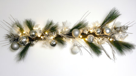 Pine branch with sparkling lights and silver ornaments, emphasizing holiday elegance and joyful decor.の素材
