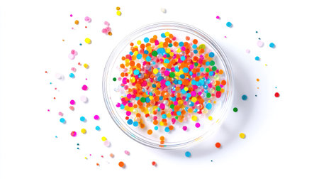 Petri dish with diverse bacterial cultures growing in vibrant colors, placed on a clean, white background, representing scientific research.の素材