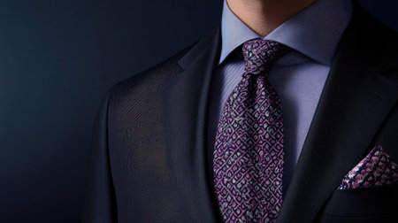 Man in a sleek dark suit and stylish patterned necktie, with a focus on the knot, fabric, and the elegance of formal attire.の素材