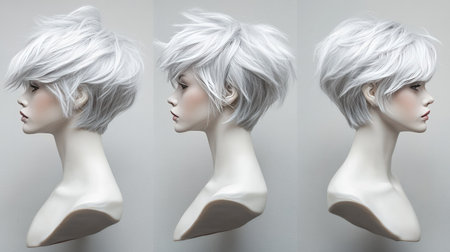 A mannequin head with a stylish, shaggy pixie-cut wig in platinum gray, shown from multiple angles.の素材