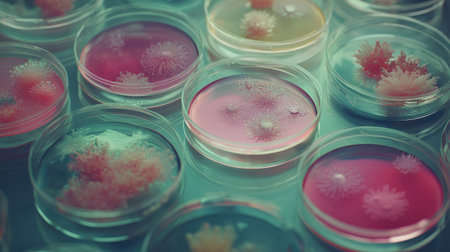 Multiple Petri dishes with various microorganism cultures on an organized lab surface, each with unique growths, symbolizing research diversity.の素材