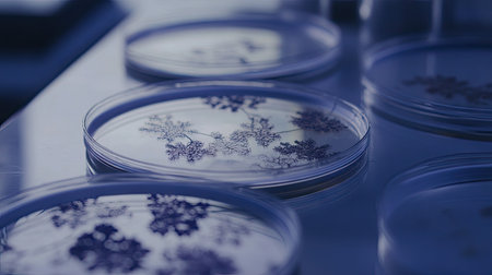 Multiple Petri dishes with various microorganism cultures on a clean lab table, each dish showing unique bacterial patterns.の素材