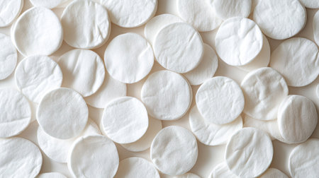 Pile of round cotton pads arranged neatly, showcasing soft texture and gentle material, perfect for skincare or cosmetic use.の素材