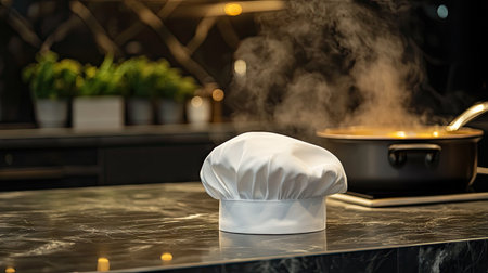 A white chef hat placed neatly on a countertop, with a simmering pot of soup visible in the backgroundの素材
