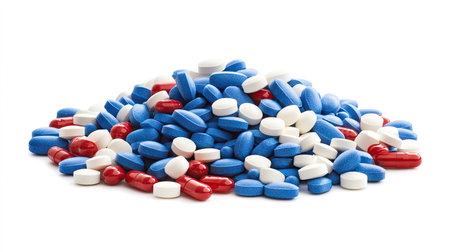 Pile of blue, white, and red pills on a white background, emphasizing diversity in medications and health treatments.の素材