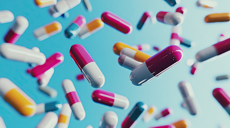 Pile of colorful pills scattered on a light background, displaying a mix of sizes and shapes in a clinical, organized setting.の素材