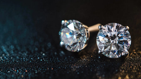 Elegant diamond earrings isolated on a black background, displaying a brilliant cut and timeless beauty in a sleek style.の素材