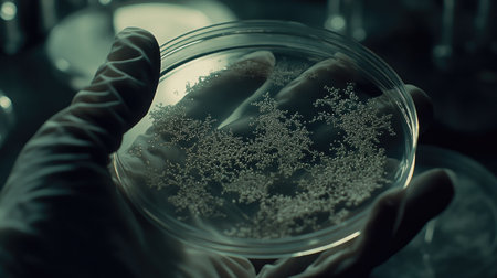 Gloved hand holding a Petri dish filled with complex microorganism patterns, on a sterile lab background, showing detailed microbial growth.の素材