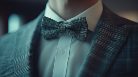 Patterned bow tie with a sleek shirt and tailored suit, close-up capturing the blend of modern and traditional styling.の素材