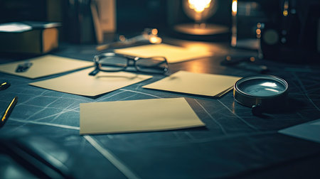 A modern detective board setup with blank notes pinned to a sleek black surface and subtle mood lighting.の素材