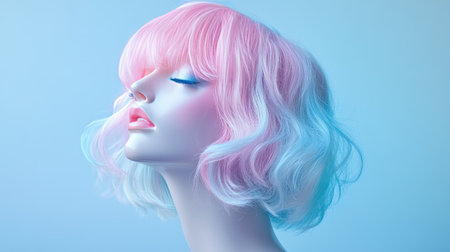 A mannequin head with a multicolored pastel wig, styled into soft, playful waves.の素材