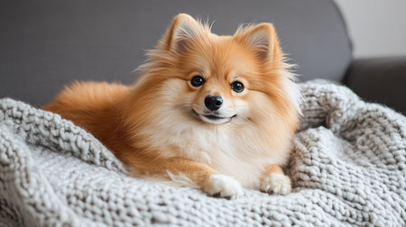 Fluffy dog cuddled under a cozy blanket, looking calm and warm, enjoying a lazy day indoors in winter.の素材