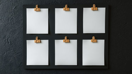 A minimalist black corkboard with blank paper pinned neatly, ready for a crime investigation setup.の素材