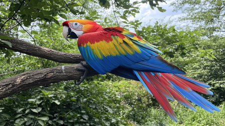 Macaw parrot perched on a tree branch, spreading its wings to reveal colorful feathers, surrounded by green foliage.の素材