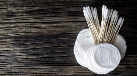 Cotton pads and cotton swabs placed on a wooden surface, representing skincare essentials and personal hygiene.の素材