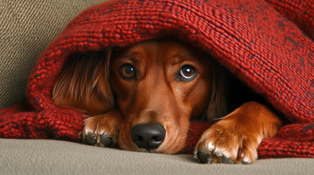 Dog with his head poking out from under a thick blanket, cozy on the couch, enjoying the warmth of an indoor setting.の素材