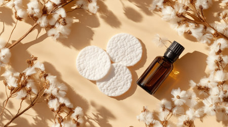 Cotton pads with a bottle of essential oil, capturing a natural and soft skincare routine in a minimalistic setting.の素材