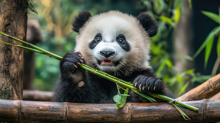 Fluffy panda cub holding a bamboo shoot with a happy expression, representing the iconic cuteness of baby pandas.の素材