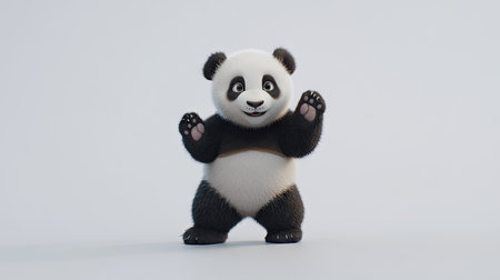 Giant panda cub standing up on its hind legs, exploring with a curious expression, showing a playful side.の素材
