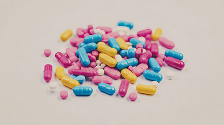 Pile of colorful pills scattered on a light background, displaying a mix of sizes and shapes in a clinical, organized setting.の素材