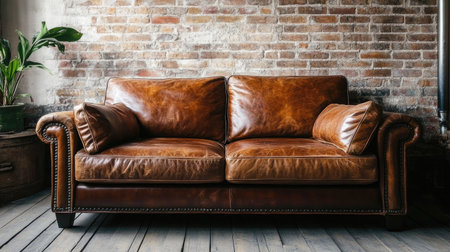 A luxurious leather sofa with plush cushions, set in a rustic-industrial living space with exposed brick walls.の素材