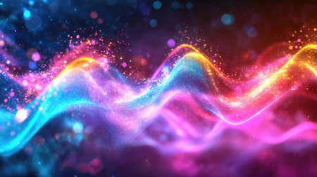 Dynamic sound waves vibrating through space with bright, neon colors, set against a soft, blurred background.の素材