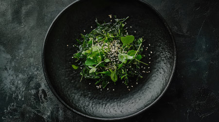 Close-up of glossy wakame seaweed salad with sesame seeds, elegantly arranged on a black plate, highlighting vibrant green tones.の素材