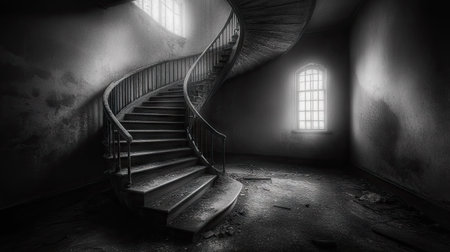 A spiral staircase in an abandoned lighthouse, winding up into total darkness.の素材