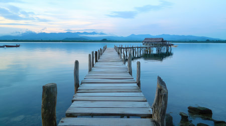 A wooden pier stretching across the peaceful sea, with the early morning light casting soft reflections on the water.の素材