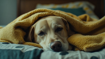 Dog lying under a cozy fleece blanket on a bed, with his head resting gently, showcasing warmth and relaxation.の素材