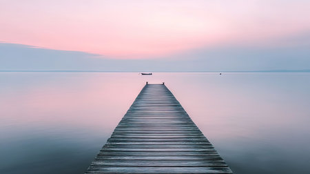 A wooden pier stretching over the calm sea, with a distant boat visible on the horizon and the sky turning pink.の素材