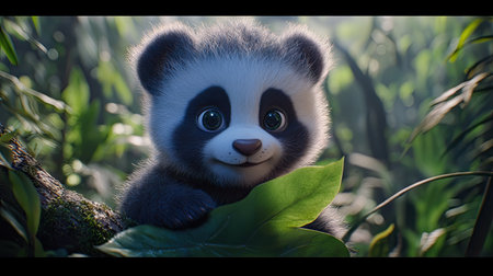 Fluffy baby panda curiously examining a leaf, exploring the surroundings with wide, innocent eyes.の素材