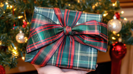 Gift wrapped in plaid ribbon held gently, showcasing Christmas cheer, with warm holiday decor around.の素材