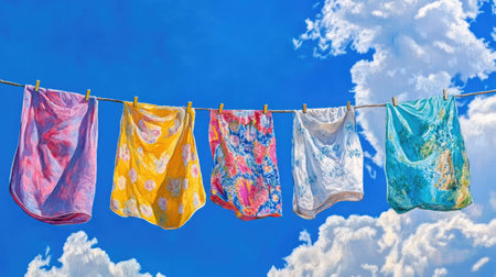 Colorful laundry hanging on a washing line with a vibrant blue sky in the background, a beautiful day for drying outdoors.の素材