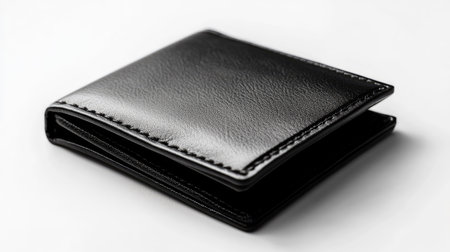 A minimalist black leather wallet opened to show its completely empty interior, isolated on a seamless white background.の素材
