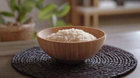 A traditional wooden rice bowl, filled with soft white rice, placed on a dark woven mat.の素材