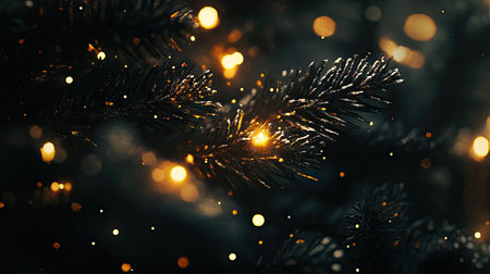 Delicate ornaments and small lights on a Christmas tree, close-up capturing the warmth and magic of the holiday.の素材
