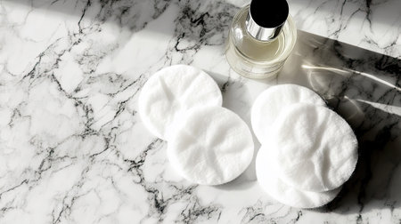 Fluffy cotton pads on a marble surface, paired with a makeup remover bottle, ready for an evening skincare routine.の素材