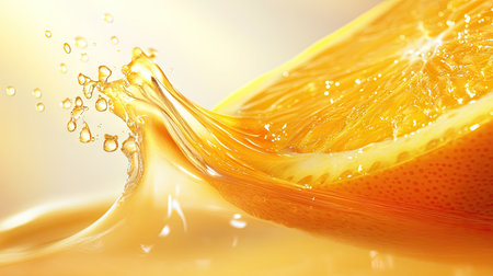 A juicy orange slice with glistening droplets of juice on its surface, isolated on a clean white background.の素材
