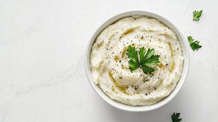 Overhead shot of a simple, elegant bowl of mashed potatoes with parsley garnish, set on a seamless white background with soft natural lighting.の素材