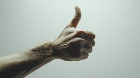 A well-lit adult hand making a thumbs-up sign, floating against a plain white background, with sharp focus on skin details.の素材