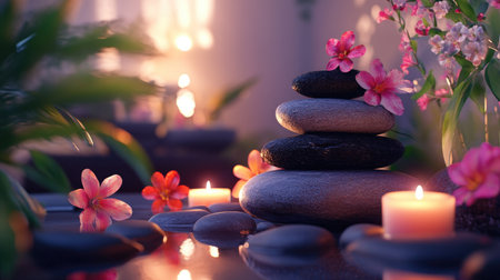 A peaceful spa setting with stacked stones and vibrant flowers, surrounded by candles for a soothing ambiance.の素材