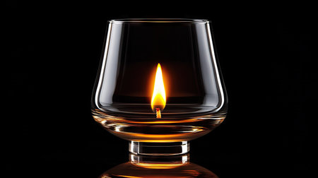 A lit candle in a glass holder, its flame dancing against a solid black background, evoking warmth and serenity.の素材