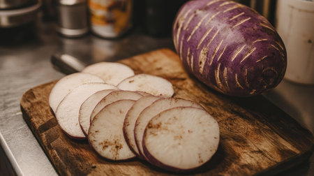 A fresh purple sweet yam sliced into even rounds, resting beside a whole yam on a cutting board.の素材