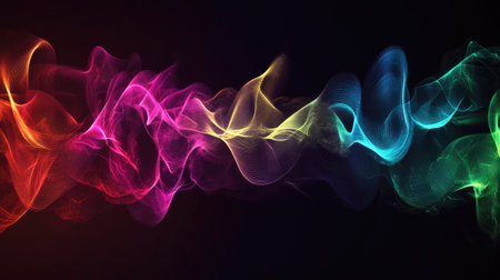 High-tech image of a speaker with sound waves emerging in vibrant hues, set against a black background.の素材