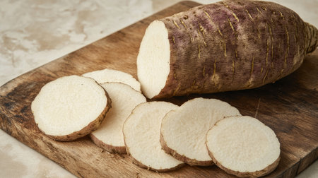 A fresh purple sweet yam sliced into even rounds, resting beside a whole yam on a cutting board.の素材