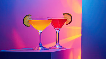 A pair of cocktail glasses with bright colorful drinks placed on podiums, reflecting their vibrant hues in soft lighting.の素材