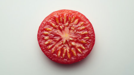 A round tomato slice with a symmetrical pattern of seeds and pulp, placed against a clean white background.の素材
