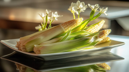 A pile of fresh baby corn arranged on a glossy white plate, reflecting soft light.の素材